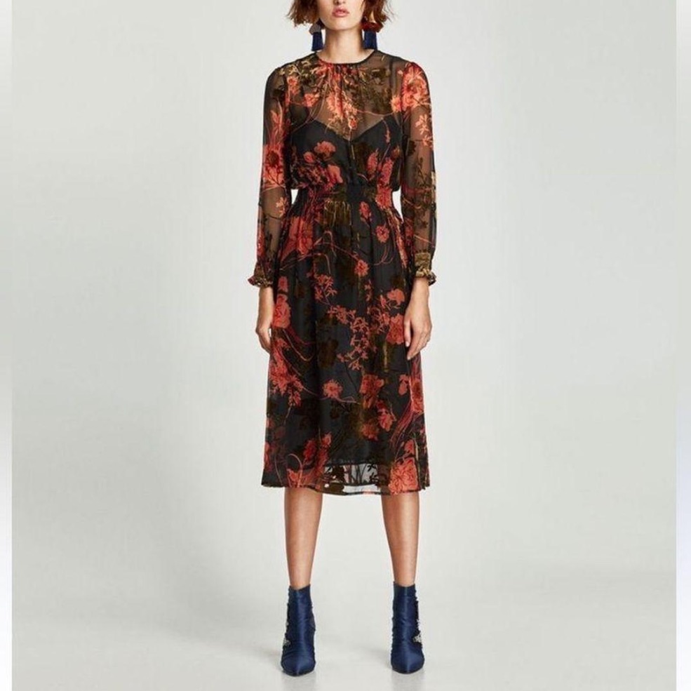 Zara Multicolor Floral Print Sheer Velvet Burnout Long Sleeve Smocked Midi Dress